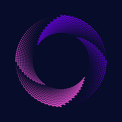 Abstract pink and violet dotted speed lines in spiral form. Square dots. Segmented circle. Trendy design element for frame, round logo, sign, symbol, web, prints, posters, template, pattern, backdrop