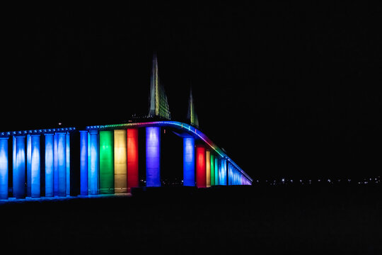 LGBTQ  rainbow colors lit up Skyway Bridge.
