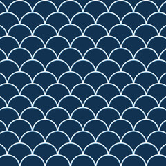 Mermaid fish scale wave japanese luxury pattern. Dark blue background with white line. Japan line pattern.