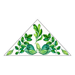 Triangle label of branch with green leaves watercolor illustration on white.