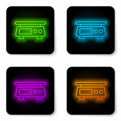 Obraz premium Glowing neon line Electronic scales icon isolated on white background. Weight measure equipment. Black square button. Vector