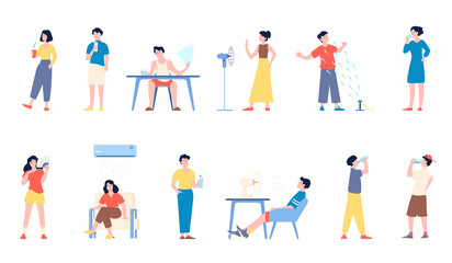 Naklejka premium People cooling hot summer. Drinking water, person with fan in heat. Sweating woman man, sitting under air condition. Isolated vector recent characters