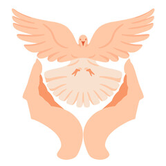 Dove bird carrying olive branch in beak as a peace symbol. Vector logo or icon. No war concept