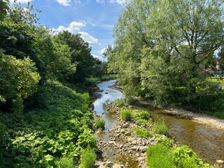 View of the, River Aire, as it flows gently through the village of, Gargrave, Skipton, UK