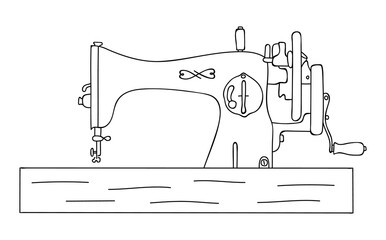 Sketch of old fashion wooden sewing machine. Tailor equipment in hand-drawn line style. Editable contour. Vector
