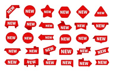 New arrival stickers. Red label shapes for offers, sale tags with text. Flat discount badges and ribbons for discount advertising, promotion exact vector elements