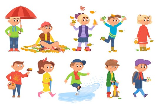 Kids in autumn. Outdoor children fall activity. Child gathering leaves, play in puddle and leaf pile. Carefree kid in raining weather, childhood decent vector kit