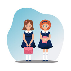 vector illustration of two girls schoolgirls in school uniform, teenagers