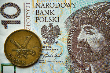 10 złotych, polski banknot i 1 korona duńska  - obrazy, fototapety, plakaty