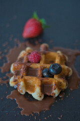 Gofre con chocolate, fresas, arándanos y frambuesas 