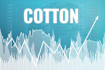 Price change on trading Cotton on blue finance background. Uptrend