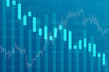 Blue finance background with numbers, columns, lines, candlesticks. Global economy concept