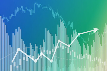Blue and green finance background with columns, lines, candlesticks, arrow. 3D render, soft focus