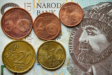 10 złotych, polski banknot i 1,25,10,20 centów euro 
