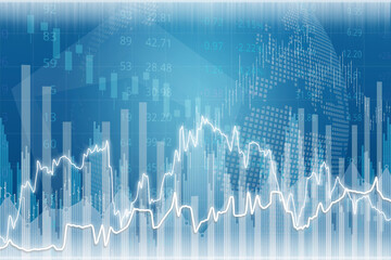 Blue finance background with bars, columns, lines, numbers. Stock market concept