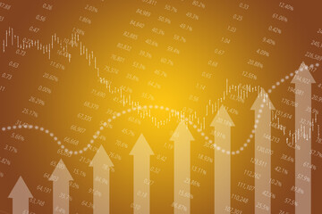 Yellow finance background with numbers, columns, lines, arrows. 3D render