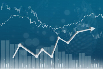 Blue finance background with numbers, columns, lines, bars, arrow, globe map. 3D render. Global economy concept