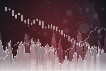 Red finance background with numbers, columns, lines, candlesticks, globe map. 3D render, soft focus. Global economy concept