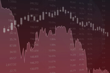 Dark red finance background with numbers, columns, lines, arrow. 3D render, soft focus. Stock market concept