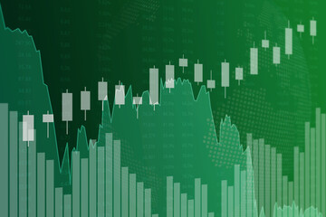 Green finance background with numbers, columns, lines, arrow. 3D render, soft focus