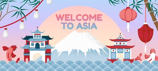 Asian travel background. Japan tourist banner with volcano and buildings. Oriental travelling asia poster, koi fish, traditional house swanky vector abstract landscape