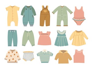 Flat baby clothes. Infant dress, cozy kid stylish coat and apparel clipart. Wear for child, childish jacket, newborn cute classy bodysuit vector set