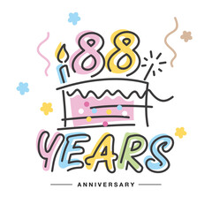 88 Years Anniversary handwritten typography lettering Greeting card with colorful big cake, sparkle firework, number, candle and confetti