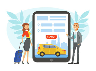 Carsharing with Young Woman with Suitcase Renting Car Using Mobile App on Smartphone Vector Illustration