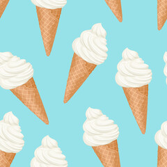 White ice cream in waffle cone seamless pattern. Sweet dessert background. Vector cartoon flat illustration.