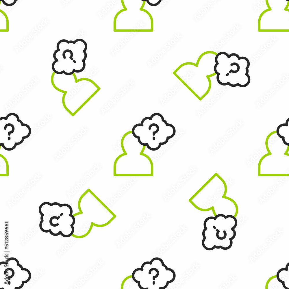Poster line human head with question mark icon isolated seamless pattern on white background. vector