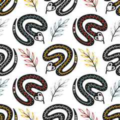 Cute Snakes and Leaves Seamless Pattern. Funny Viper Snake. Colorful Background for Kids Design.