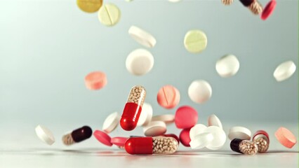 Different types of pills fall on the table. On a white background.Filmed on a high-speed camera at 1000 fps.  - Powered by Adobe