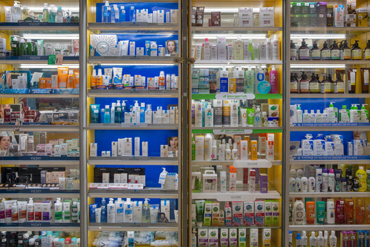 Pharmacy shelves closeup in Mariupol, Ukraine.