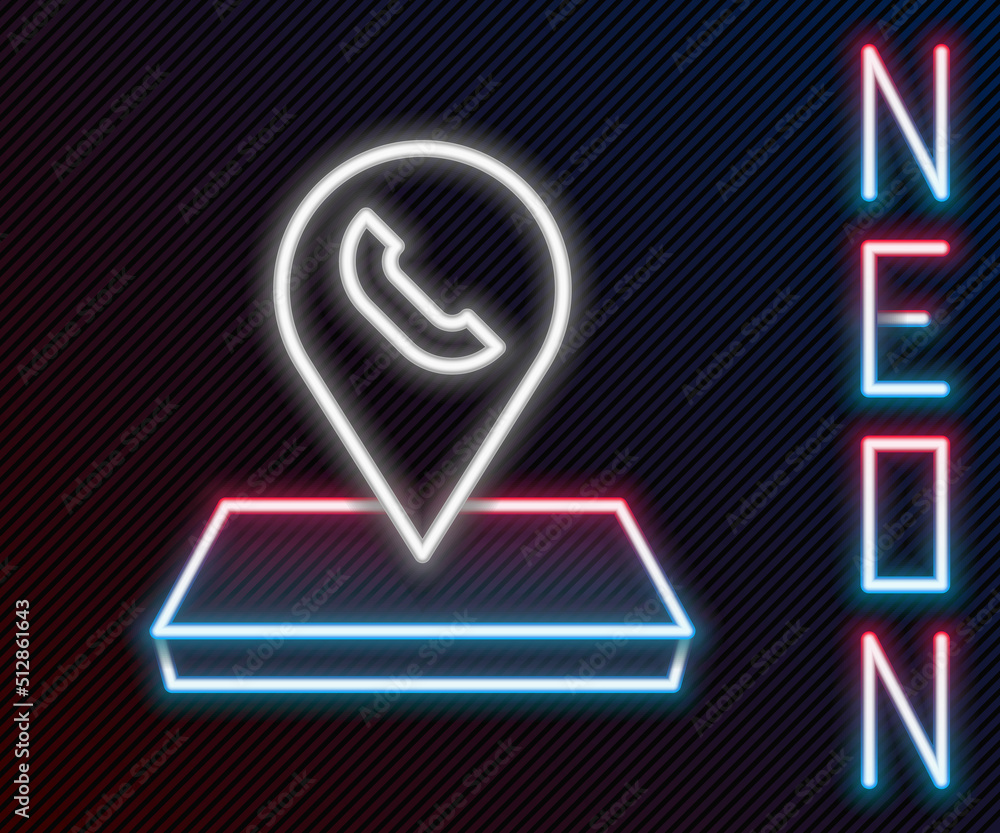 Poster glowing neon line map pointer with telephone or communication icon isolated on black background. cal