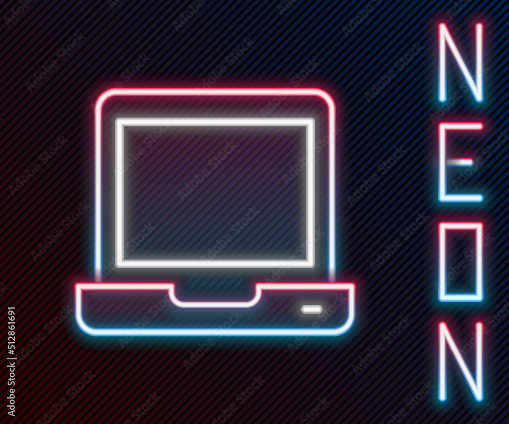 Poster glowing neon line laptop icon isolated on black background. computer notebook with empty screen sign