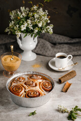 Cinnabon rolls in the tray with a great background