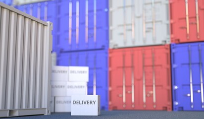 PRODUCT OF DELIVERY text on the cardboard box and cargo terminal full of containers. 3D rendering