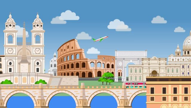 Animation of the city sights of Rome. Coliseum, St. Peters Dome, Spanish Steps, Piazza Venezia, buildings and 