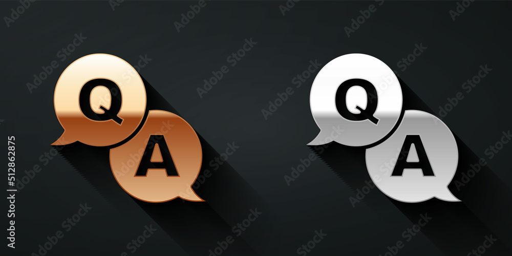 Aufkleber gold and silver speech bubbles with question and answer icon isolated on black background. q and a s