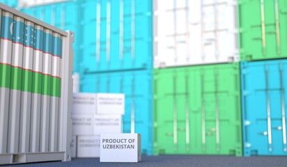 Carton with PRODUCT OF UZBEKISTAN text and many containers, 3D rendering