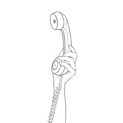 Girl's hand holding a vintage phone.  colorless contour vector illustration.
