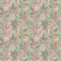 Seamless abstract pattern of leaves and berries painted in watercolor. Botanical pattern on a bright abstract background.