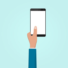 Cartoon Cute hand holding mobile smartphone. Vector illustration