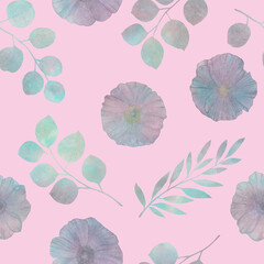 Botanical ornament, flowers and leaves. Watercolor seamless illustration. Abstract background for design, print, wallpaper, textile.