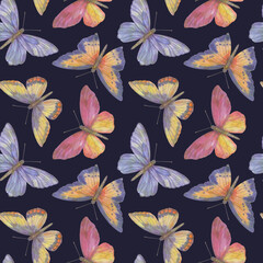 Bright watercolor butterflies collected in a seamless pattern. Botanical ornament on a colored background for design, print, wallpaper, fabric.