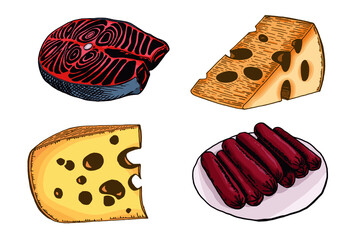 Vector buchery and dairy products, color graphical illustration, set of cheese , sausages and red fish 