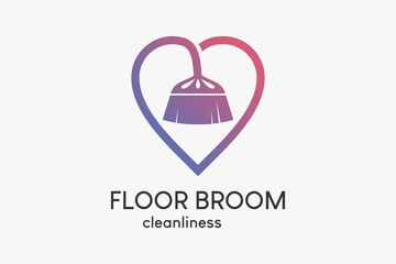 Floor sweep logo or house cleaning service with creative concept, floor broom silhouette combined with heart