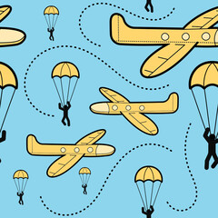 Seamless print with an air-themed pattern. Blue background with airplanes and skydivers.