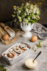 Cinnabons rolls with a flower background and a great background