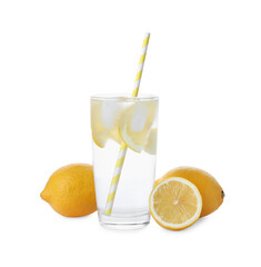 Glass with water, sliced lemon and ice on white background
